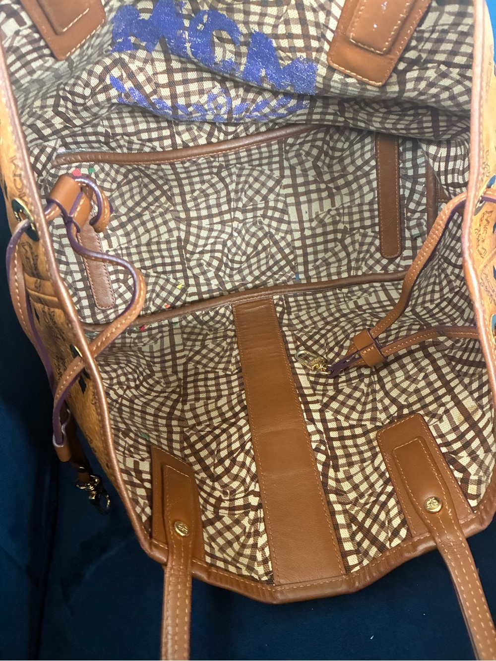MCM Cognac Logo Visetos Tote with Brown Trim - Picture 2 of 8